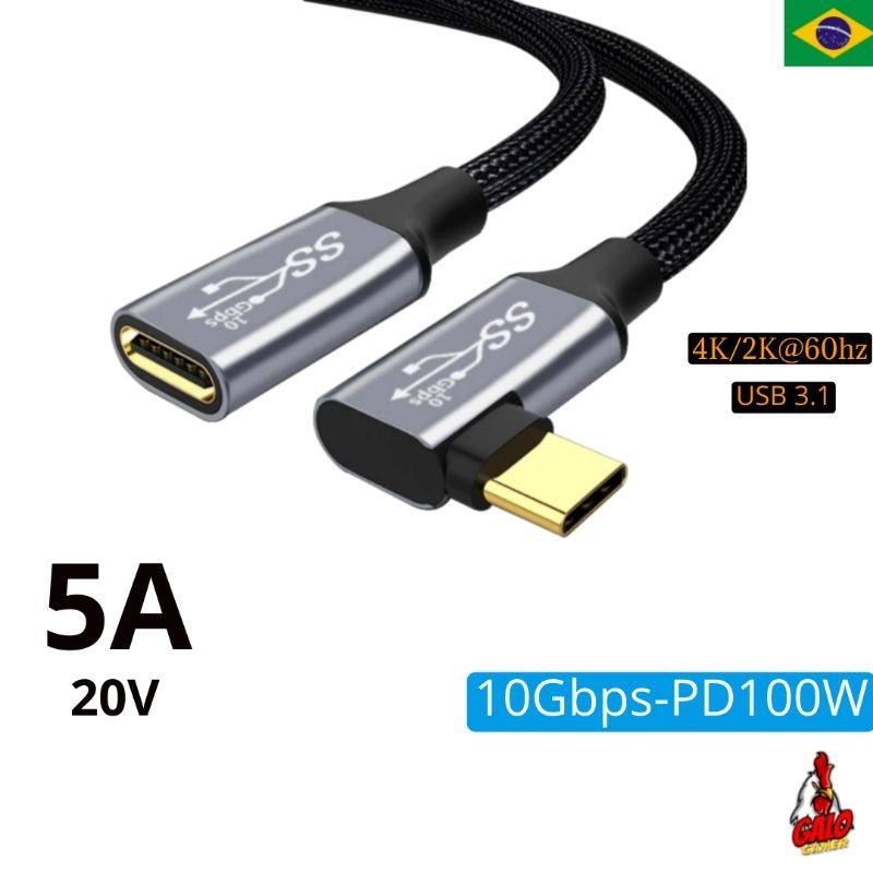 Cabo Extensor 90º USB-C 10Gbps PD100W 4k-60Hz