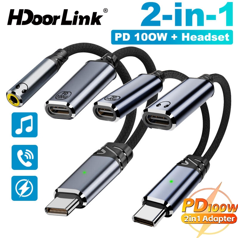 Adaptador Divisor de Fone de Ouvido USB-C 2 em 1 HdoorLink, Cabo Adaptador de Carregamento USB-C PD100W, Adaptador de