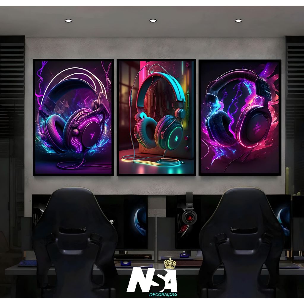 Quadro decorativo para quartos e salas fone e video game 3 peças