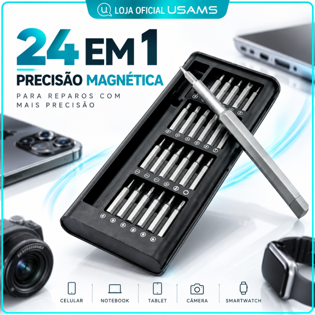 Kit Ferramenta Chave Precisão 24 em 1 Magnética Mini para Reparo de Celular Tablet Notebook Câmera SmartWatch