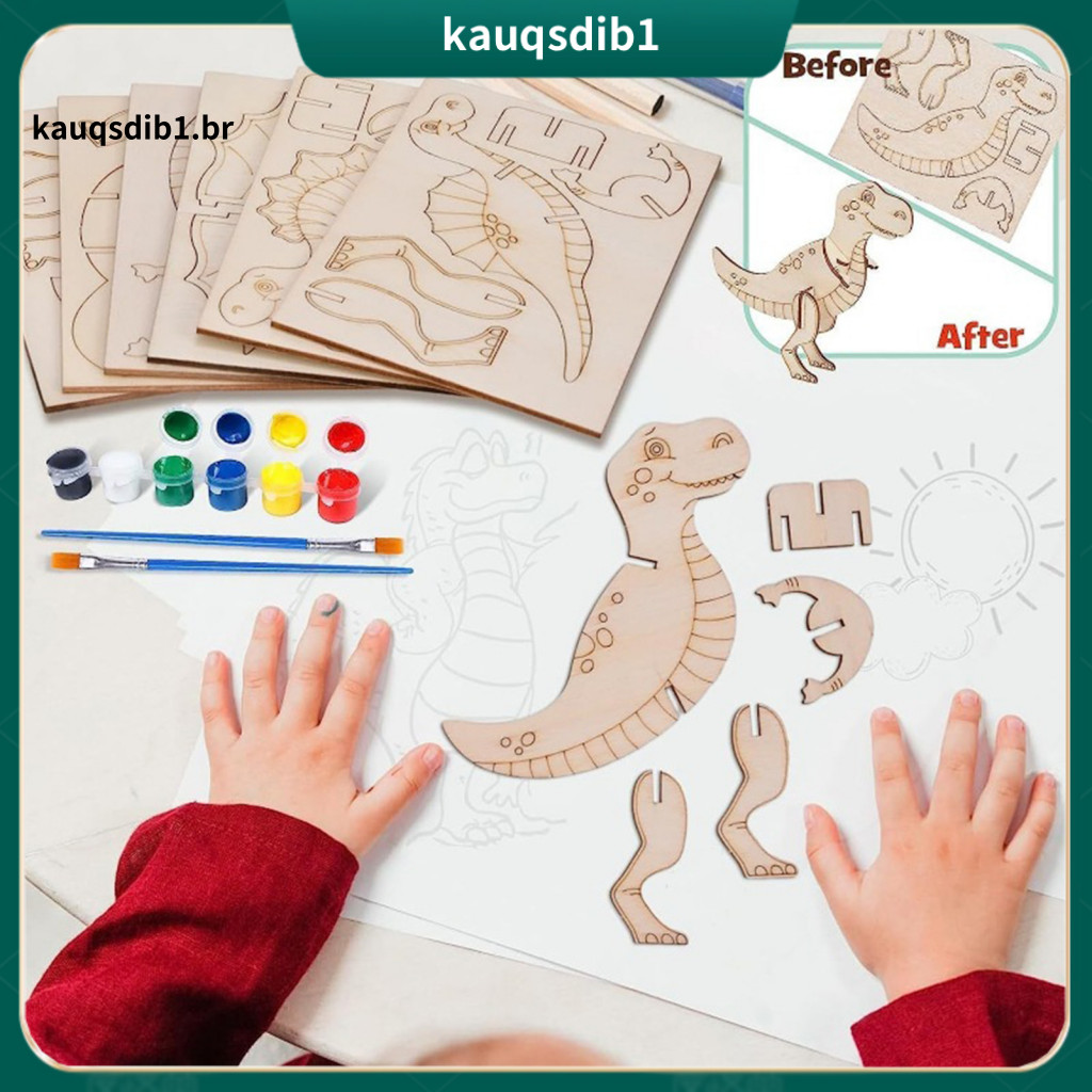 Dinosaur Themed Toy Wooden Craft Set Puzzle Kit with 5 Coloring Pens 30 Pigments – Educational 6-piece Dino Jigsaw Ass