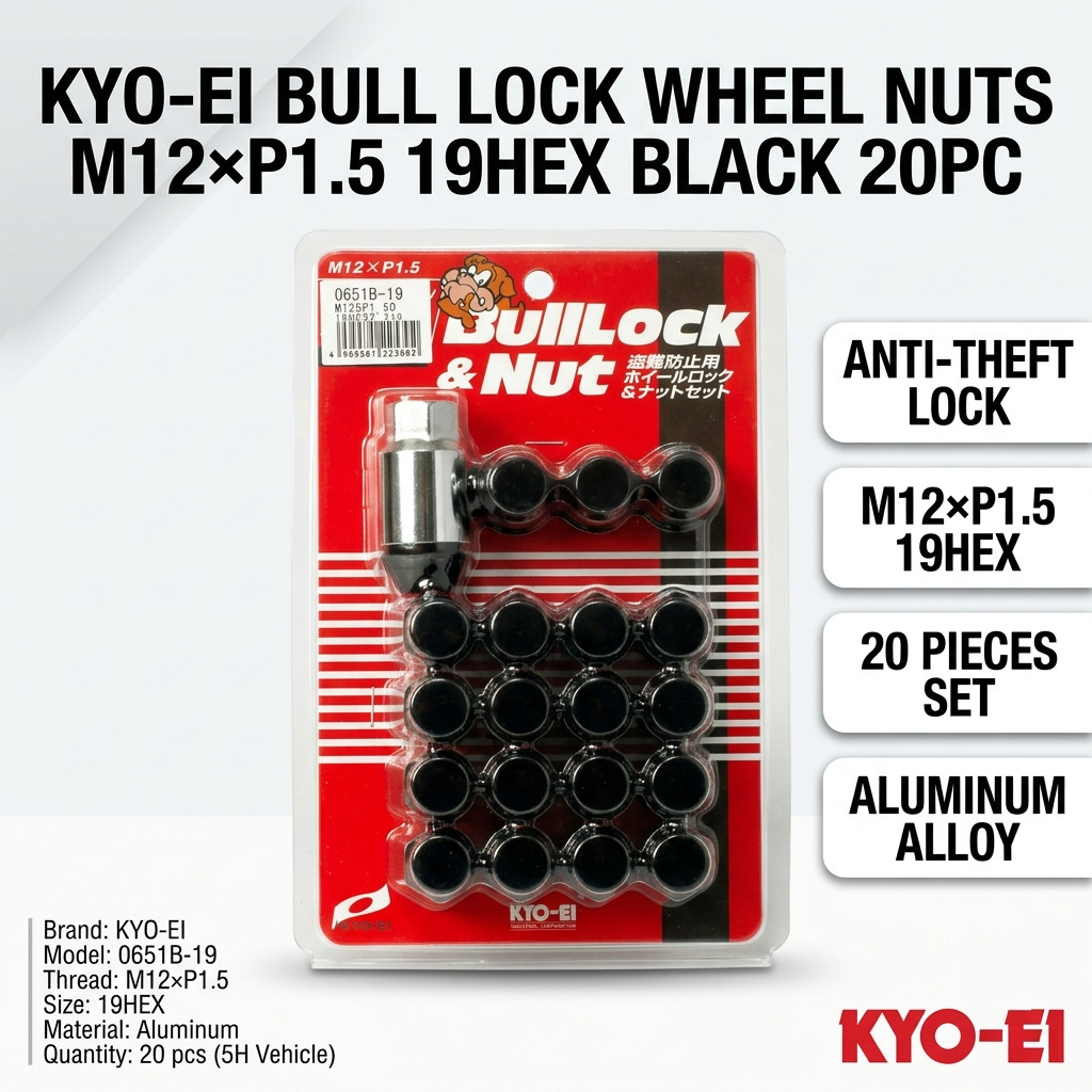 KYO-EI Bull Lock Wheel Nuts - Bag Type, 19HEX M12 x P1.5 Aluminum for 5H Vehicles 20P 0651B-19
