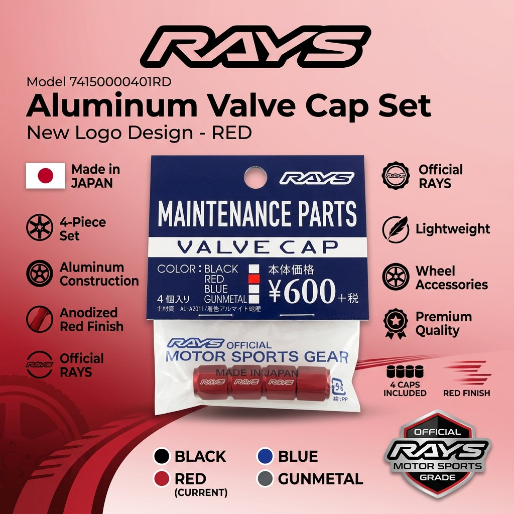 RAYS Aluminum Valve Cap Set of 4 RD Red New Logo Wheel Tire Valve Caps Japan Made 74150000401RD