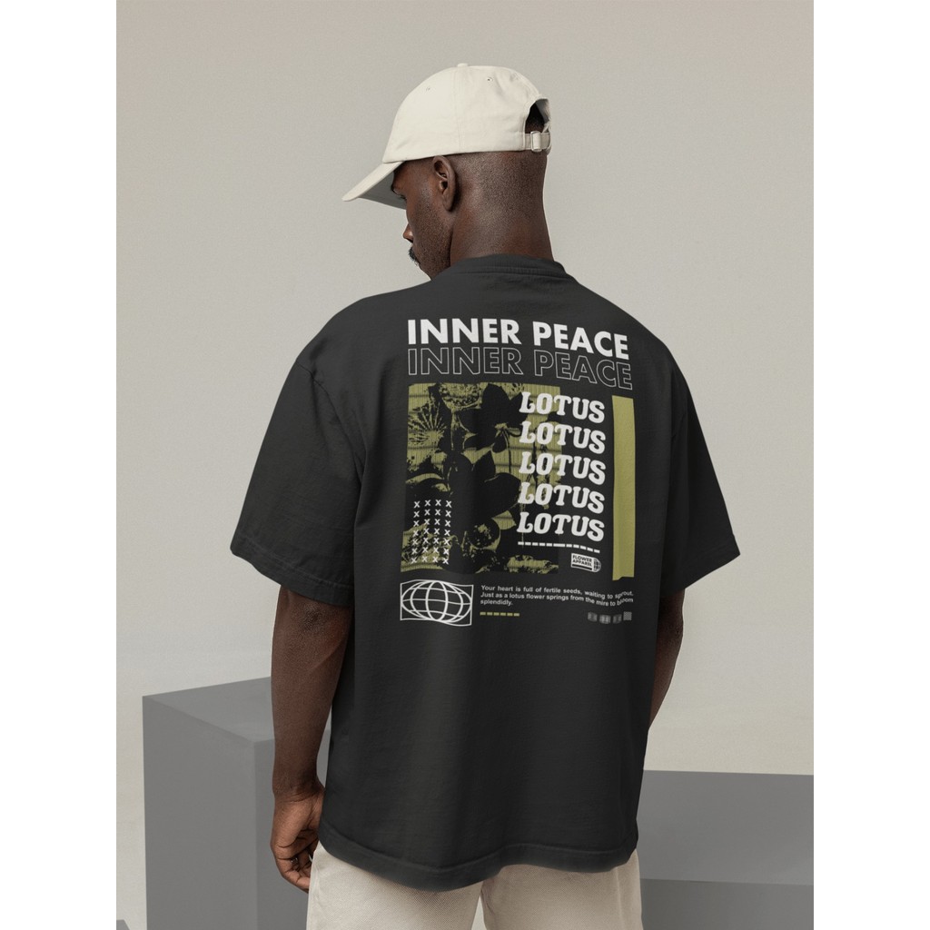 Camisa Camiseta Oversized Gola Alta Streetwear Masculino e Feminino 100% Algodão Preto e Off Whte Estampado -INNER PEACE