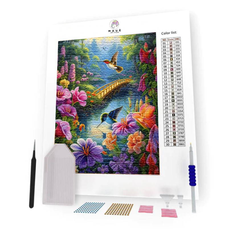 Kit Pintura Diamante - Beija-Flores na Ponte (Diamond Art)