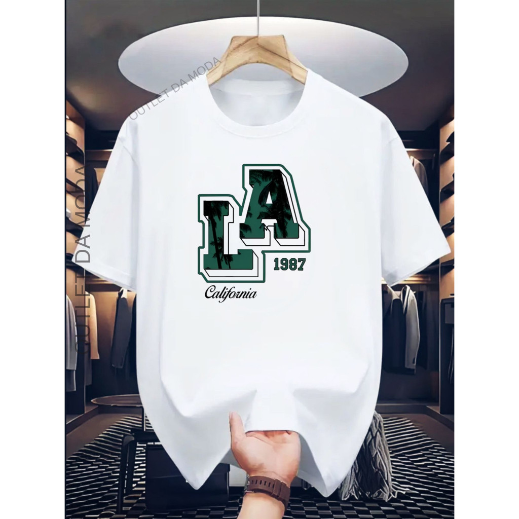 Camiseta Masculina Estampada L.A VD Camisa Estampada 100% algodão Malha Linha Algodão Premium 30.1