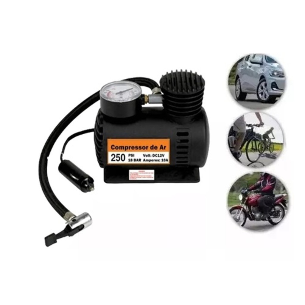 Mini Compressor Portátil de Ar 12V 250PSI Calibrador Para Pneu Carro Moto Bike Bola Leve e Compacto