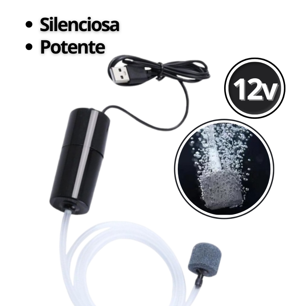 Bomba de Ar Oxigenio USB Aquário Compressor Silencioso Portátil 12v Aerador Tanque Lambari Isca Viva