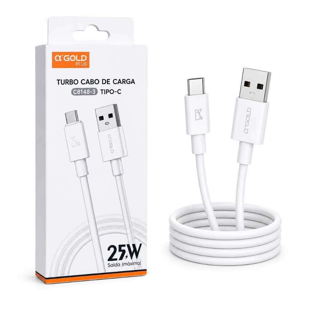 Cabo USB para USB-C Turbo Charge 25W – Carregamento Rápido e Transferência de Dados