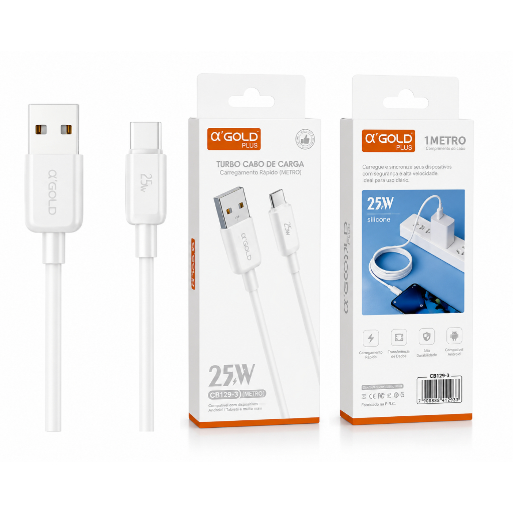 Cabo USB Tipo C 25W 1 Metro Reforçado Turbo Fast Charge Alta Resistência
