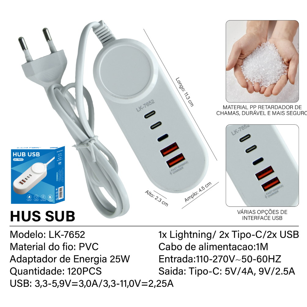 Carregador de Tomada com Fio Fast Charge 3.1 25W 5 Portas 2 TIPO C / 2 USB / 1 LIGHTNING Luatek