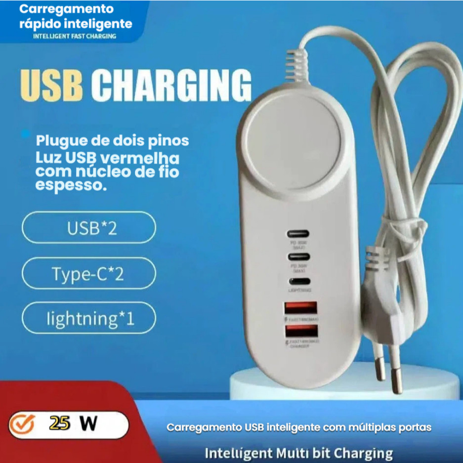 Carregador de Tomada com Fio Fast Charge 3.1 25W 5 Portas 2 TIPO C / 2 USB / 1 LIGHTNING