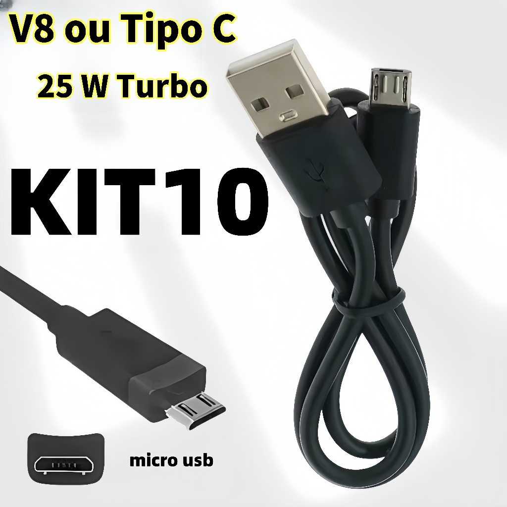 Kit 10  Lightning Cabo USB 25w Turbo V8 ou Tipo C Fast charge 1 Metro