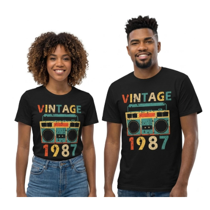 Camiseta Unissex 100% Algodão, Vintage Boombox 1987 e 1970. P ao GG.