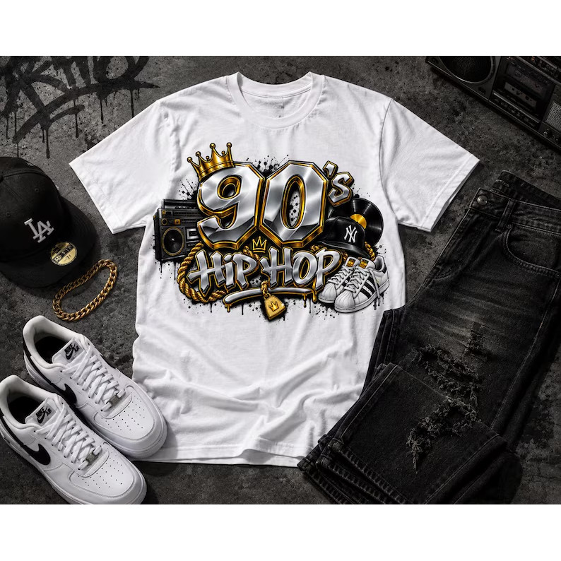 Camiseta Branca de Algodão Gola Redonda 90's Hip Hop Estampada Com Coroa Dourada, Corrente de Ouro, Boombox Retrô, Letra