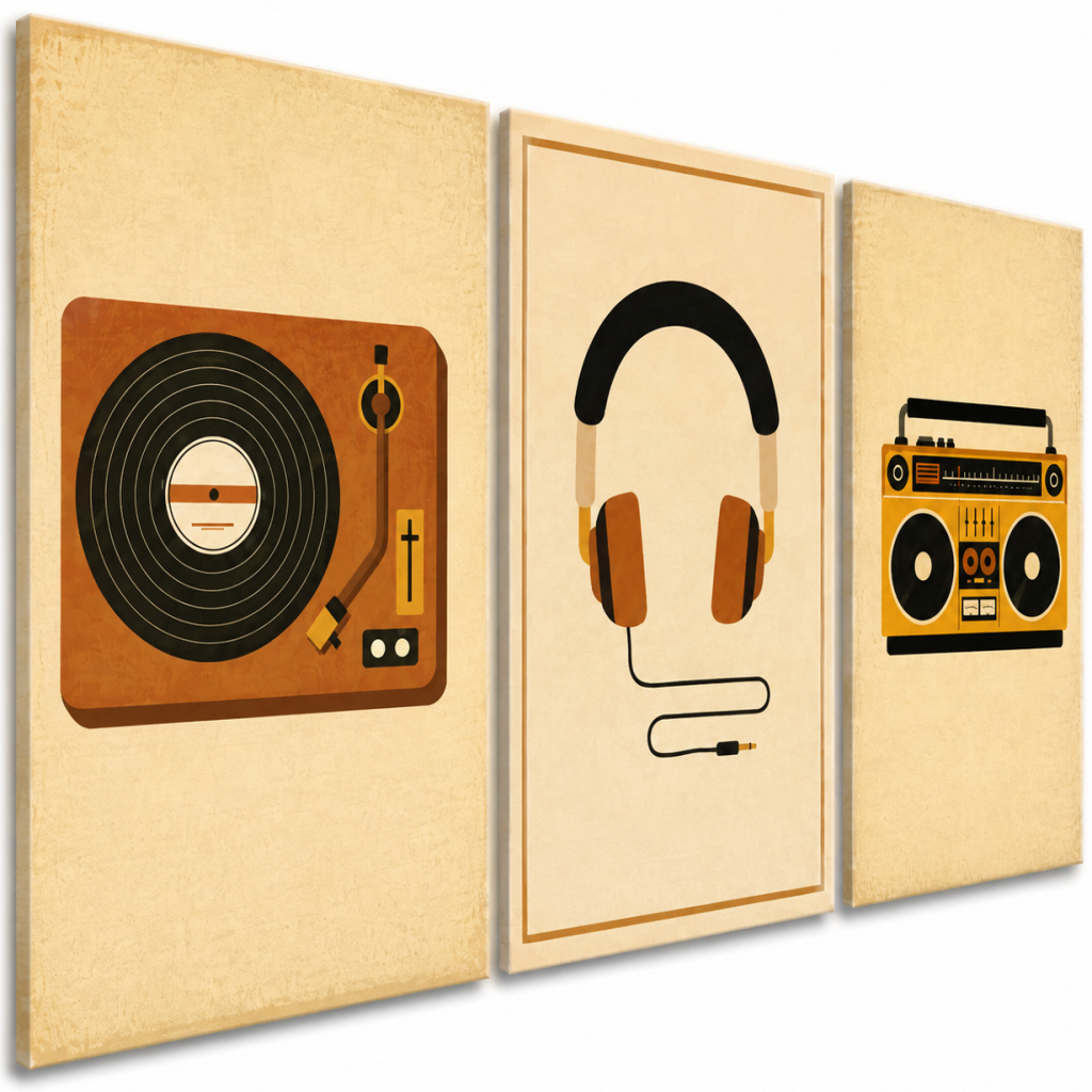 Kit 3 Quadros Decorativos Música Retrô Vitrola Fone de Ouvido Rádio Boombox para Sala Quarto e Estúdio