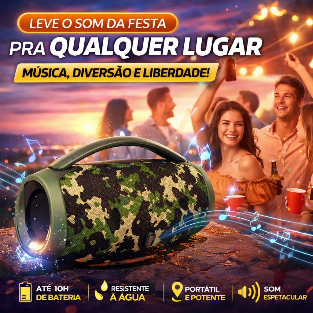 Caixa de Som Boombox 3 Bluetooth Portátil 15W Potente Camuflada IPX6 USB AUX Bateria 10h