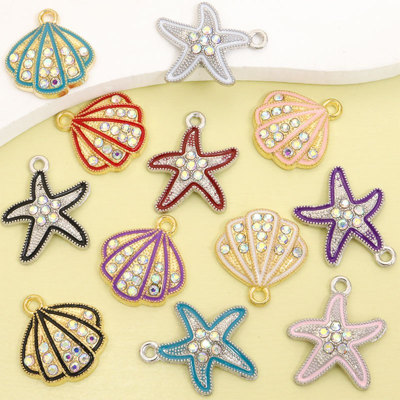 10 Peças Fofas Vibrantes Estrela Do Mar E Concha Estilo Gotejamento Amuletos De Liga De Óleo Com Strass Brilhantes , Col