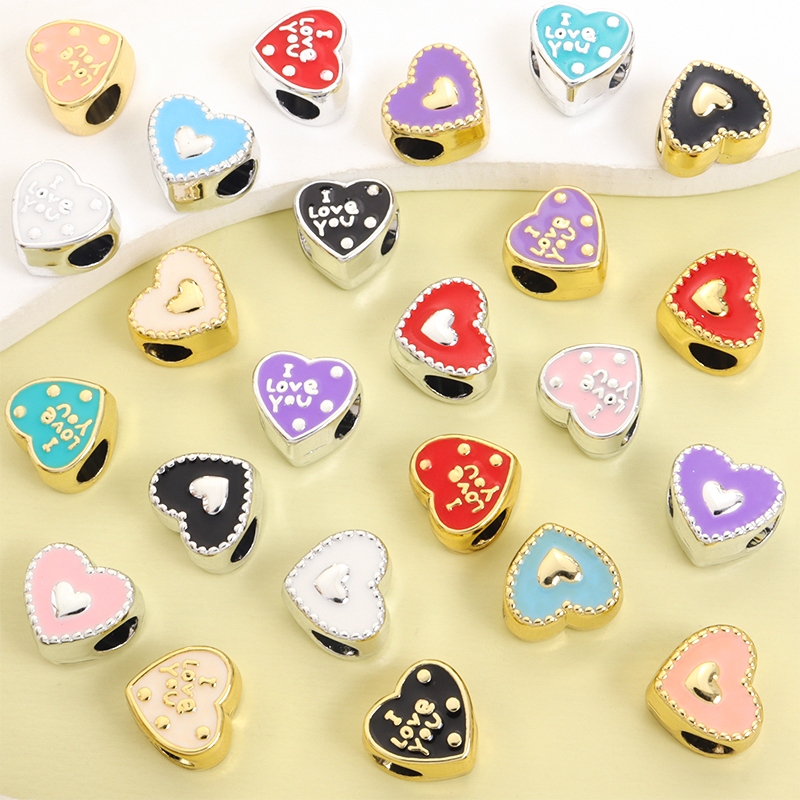 10 Peças Contas Espaçadoras Em Forma De Coração De Óleo De Gotejamento Dupla Face Fofas , Amor E Eu Te Amo Design Liga G