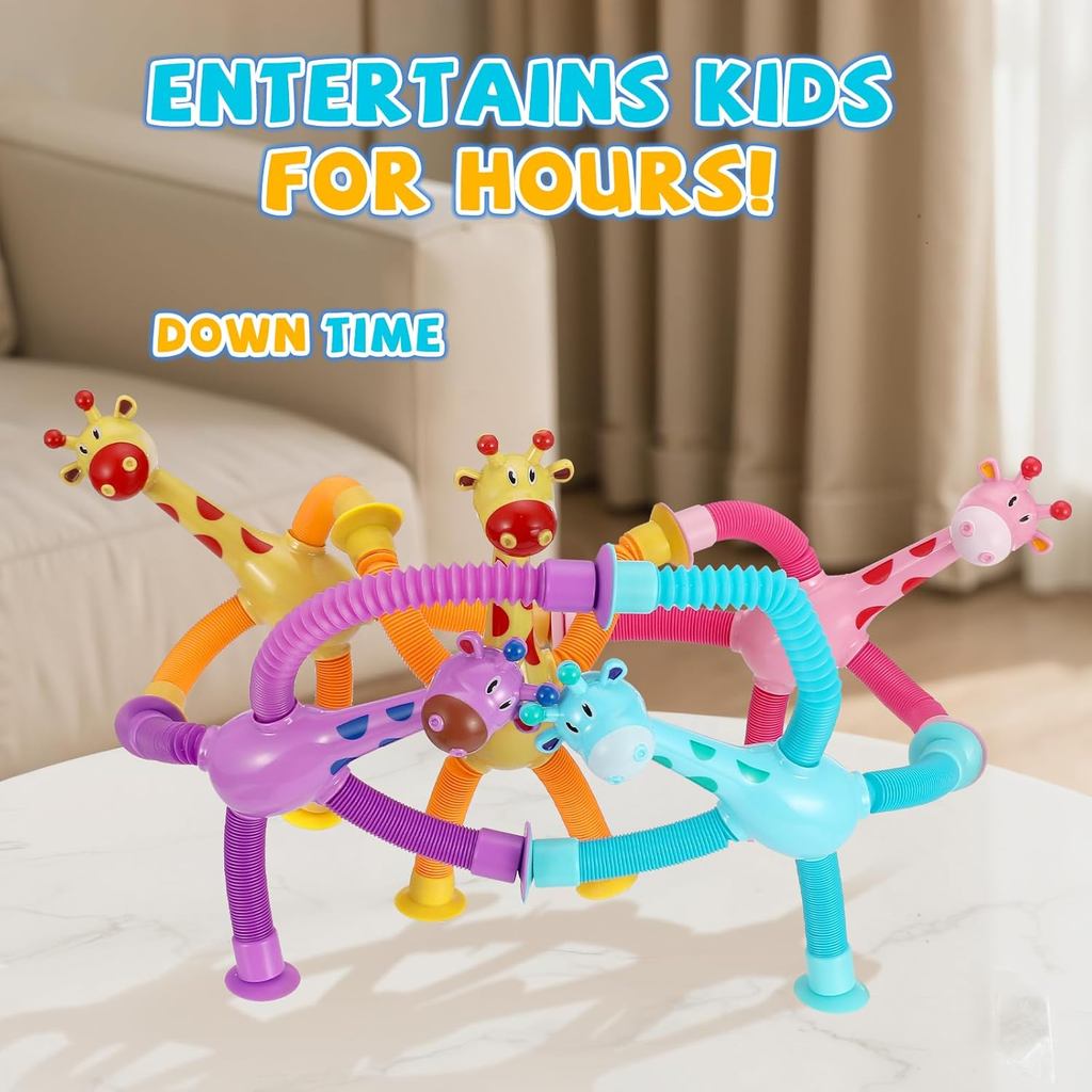XONTEUS 4 Pcs Pop Tubes Giraffe Travel Airplane Road Trip Car Activities Essential ,Telescopic Suction Cup Sensory Fidge