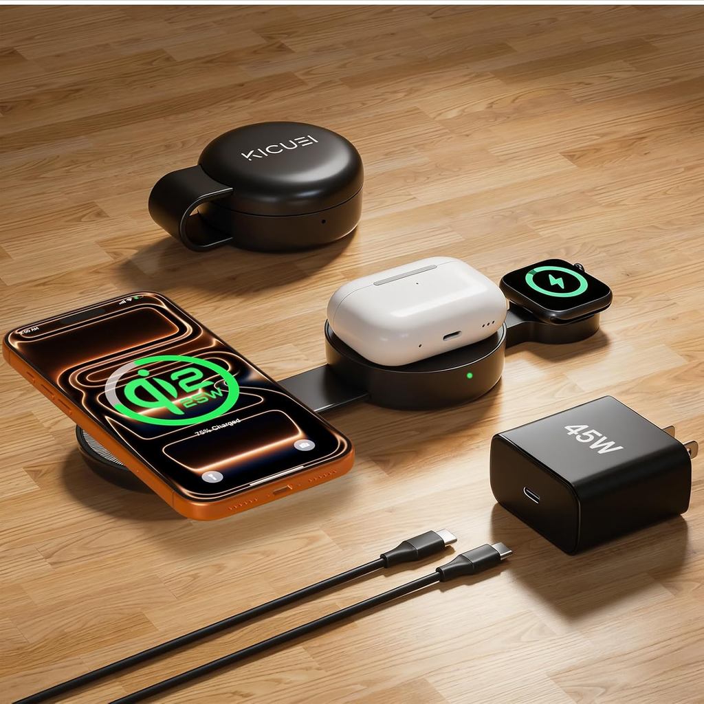 Estação de Carregamento Sem Fio 3 em 1 Certificada Qi2.2 de 25W para Apple, Carregador Portátil Mini MagSafe Dobrável pa