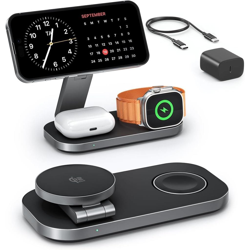 Estação de Carregamento 3 em 1 para Dispositivos Apple, Carregador Sem Fio Magnético Dobrável Rápido Certificado Qi2 25W