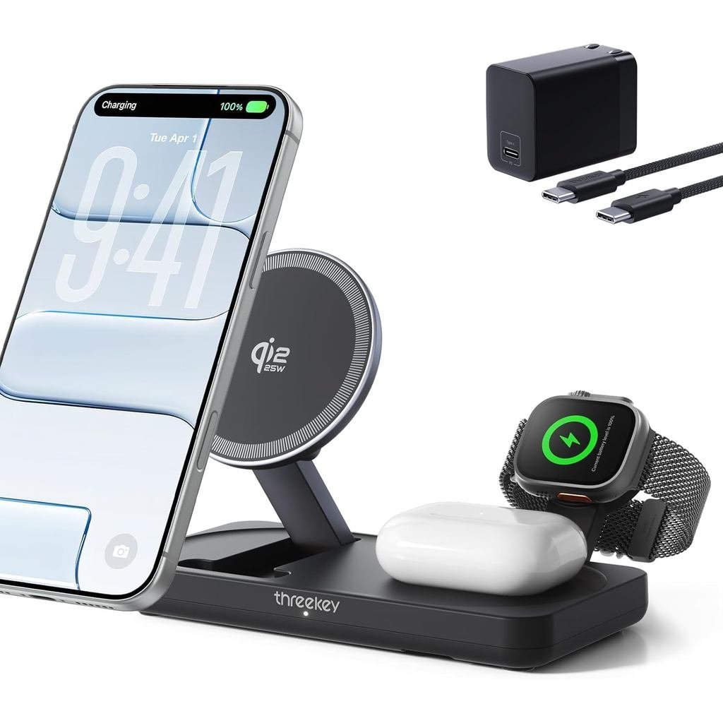 Estação de Carregamento Sem Fio Qi2 3 em 1, Carregador Magnético de 25W com Módulo para Apple Watch Certificado MFi para