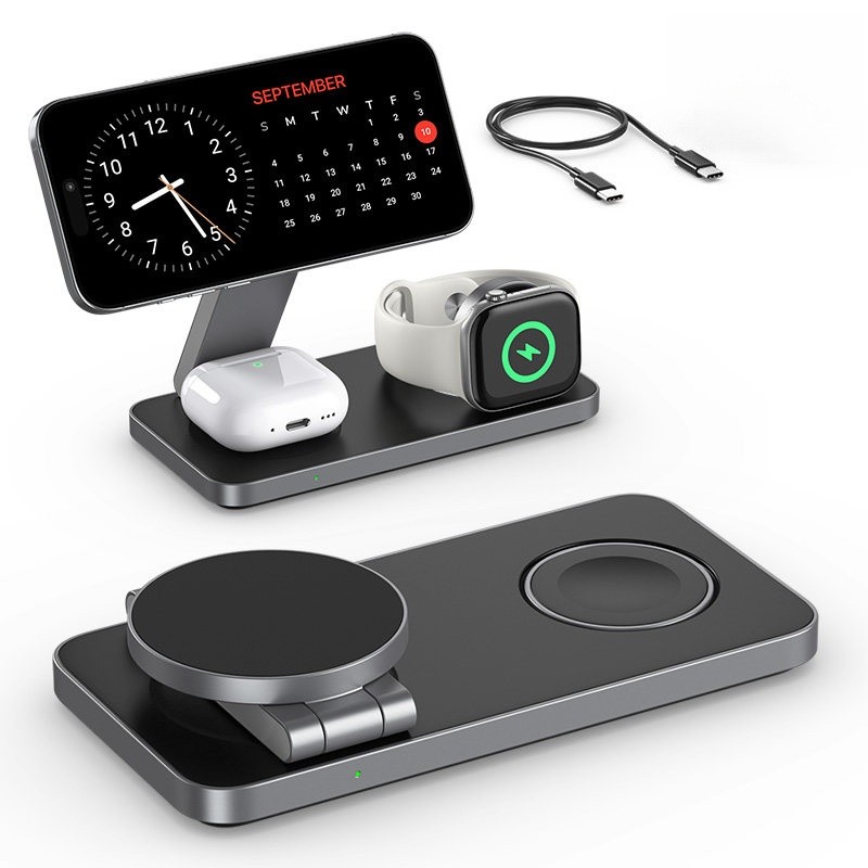 Carregador sem fio três em um de 15 W adequado para Apple 17Pro16 Suporte de carregamento magsafe Magnético qi2 Portátil