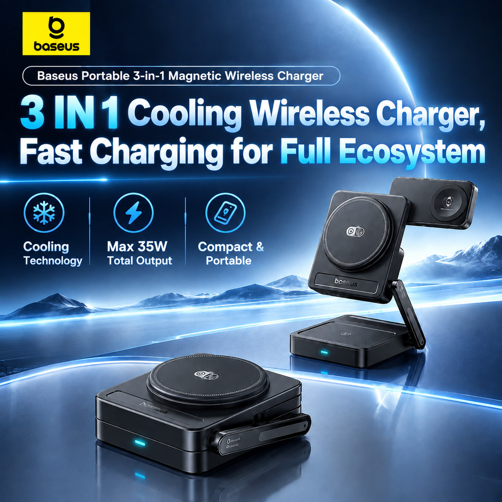 Baseus 35W Qi2 Cooling Carregador Sem Fio 3 Em 1 , Estação De Carregamento Portátil 1Qi2 Para iPhone , Apple Watch , Air