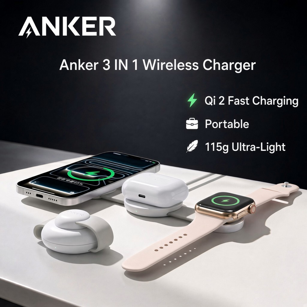 Carregador Sem Fio Portátil 3 Em 1 Anker MagGo , Certificado Qi2 , Carregamento iPhone , Apple Watch E Fones De Ouvido S