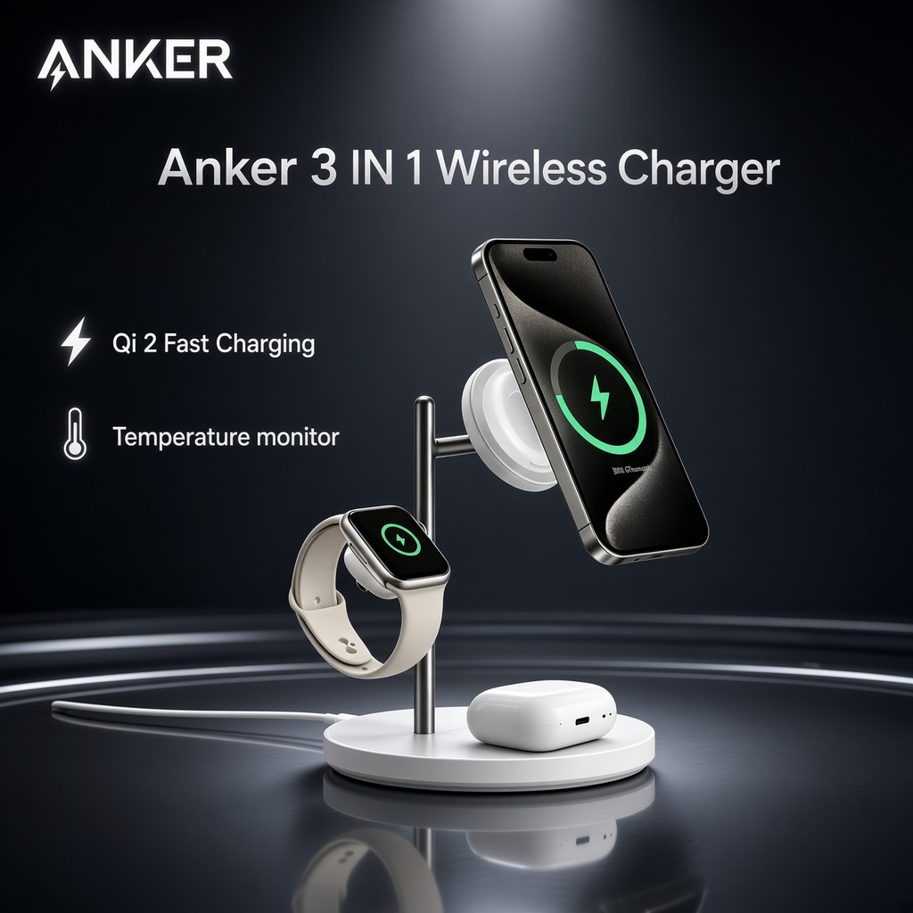 Carregador Magnético Sem Fio Anker MagGo Qi2 3 Em 1 , Estação De Carregamento Rápido De 15 W Para iPhone , Apple Watch E