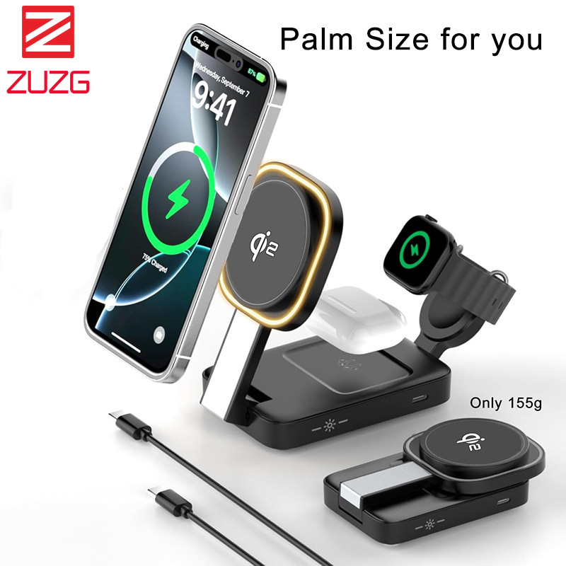 Carregador Sem Fio Dobrável ZUZG Qi2 3 Em 1 Para Produtos Apple , Suporte Mag-Safe Compatível Com iPhone 17/16/15/14/13/