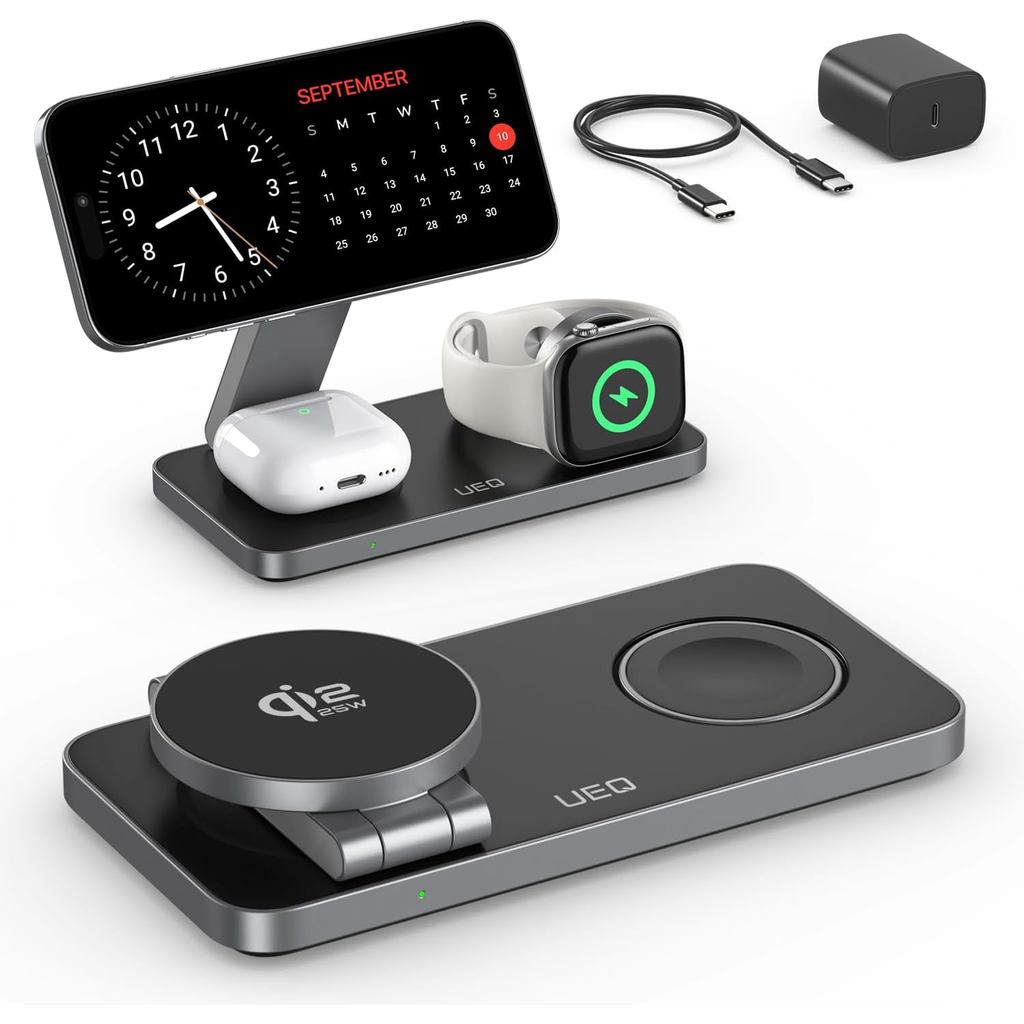 Estação de Carregamento 3 em 1 UEQ para Dispositivos Apple, Carregador Sem Fio Magnético Ultra-Rápido QI2.2 25W, Compatí