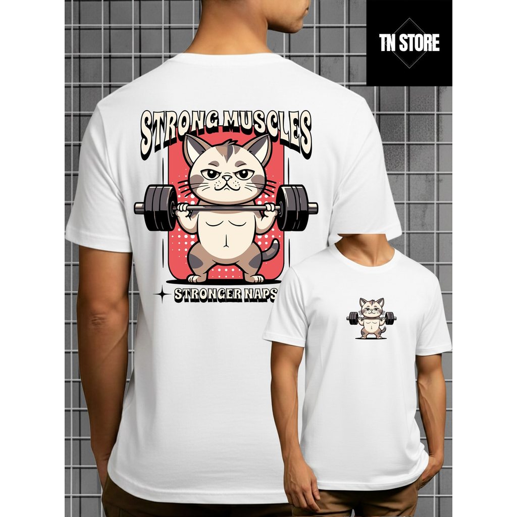 Camiseta Strong Muscles Cat Fitness Treino Camisa Blusa Unissex Masculino Feminino 100% Algodão Preto Branco Plus Size