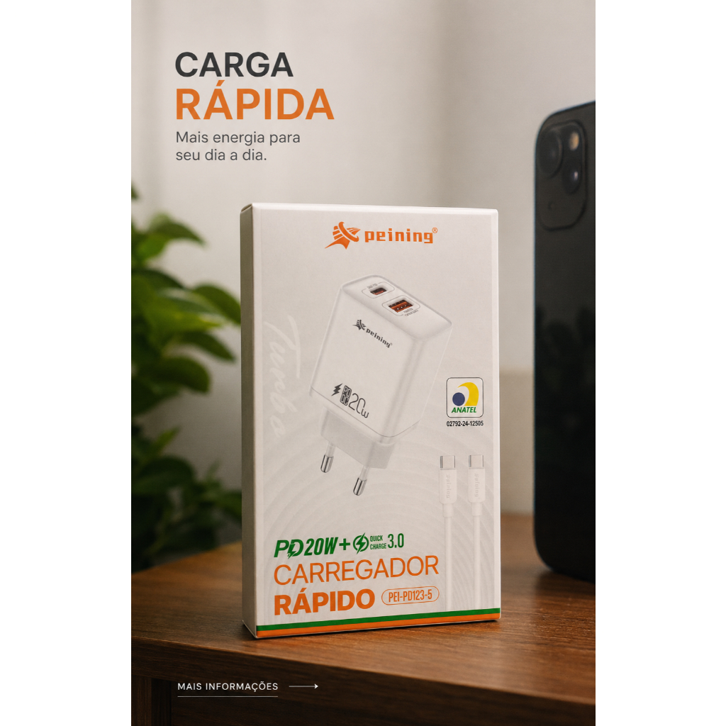 Carregador 20W Turbo PD |USB-C+USB |Quick Charge 3.0 | Compatível com Android e iPhone|inclusive cabo tipo C|PEI-PD123-5