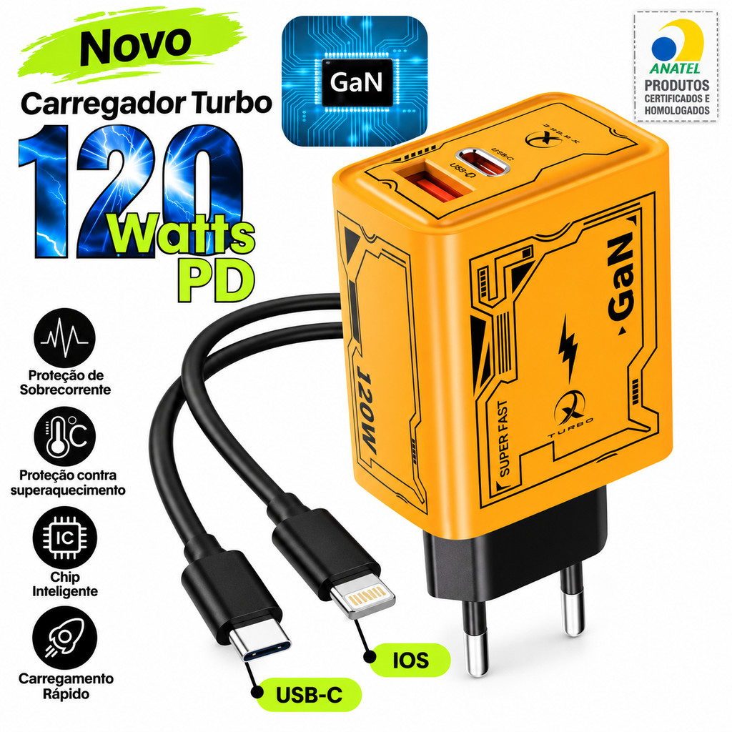 Carregador Turbo para Celular Tablet USB Tipo-C Carga Rápida X-Cell 120W GaN PD Quick Charge 3.0