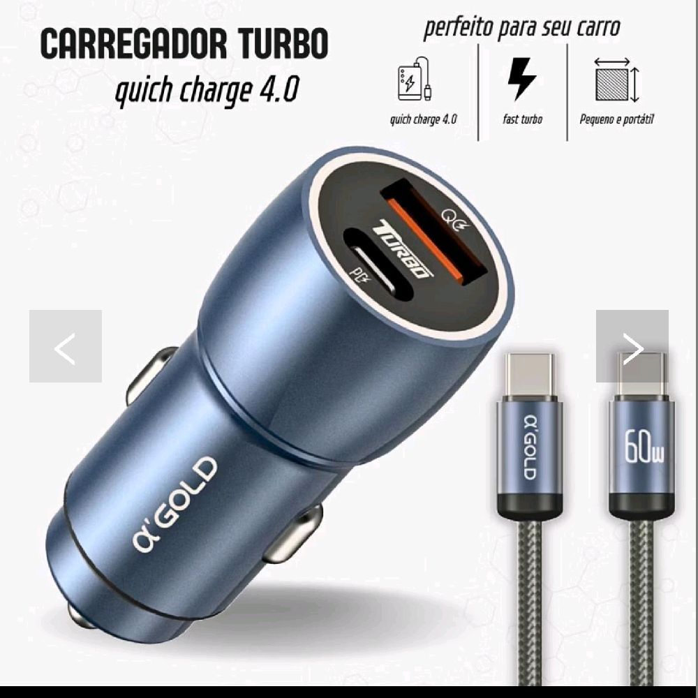 α'GOLD Carregador Turbo Quick Charge 4.0 para Carro com Porta USB-C e Cabo 60W Pequeno e Portátil