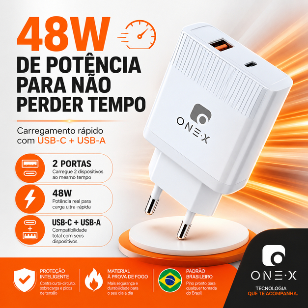 Carregador 48W USB-C e USB Fonte Carregamento Rápido PD Quick Charge para iPhone Android