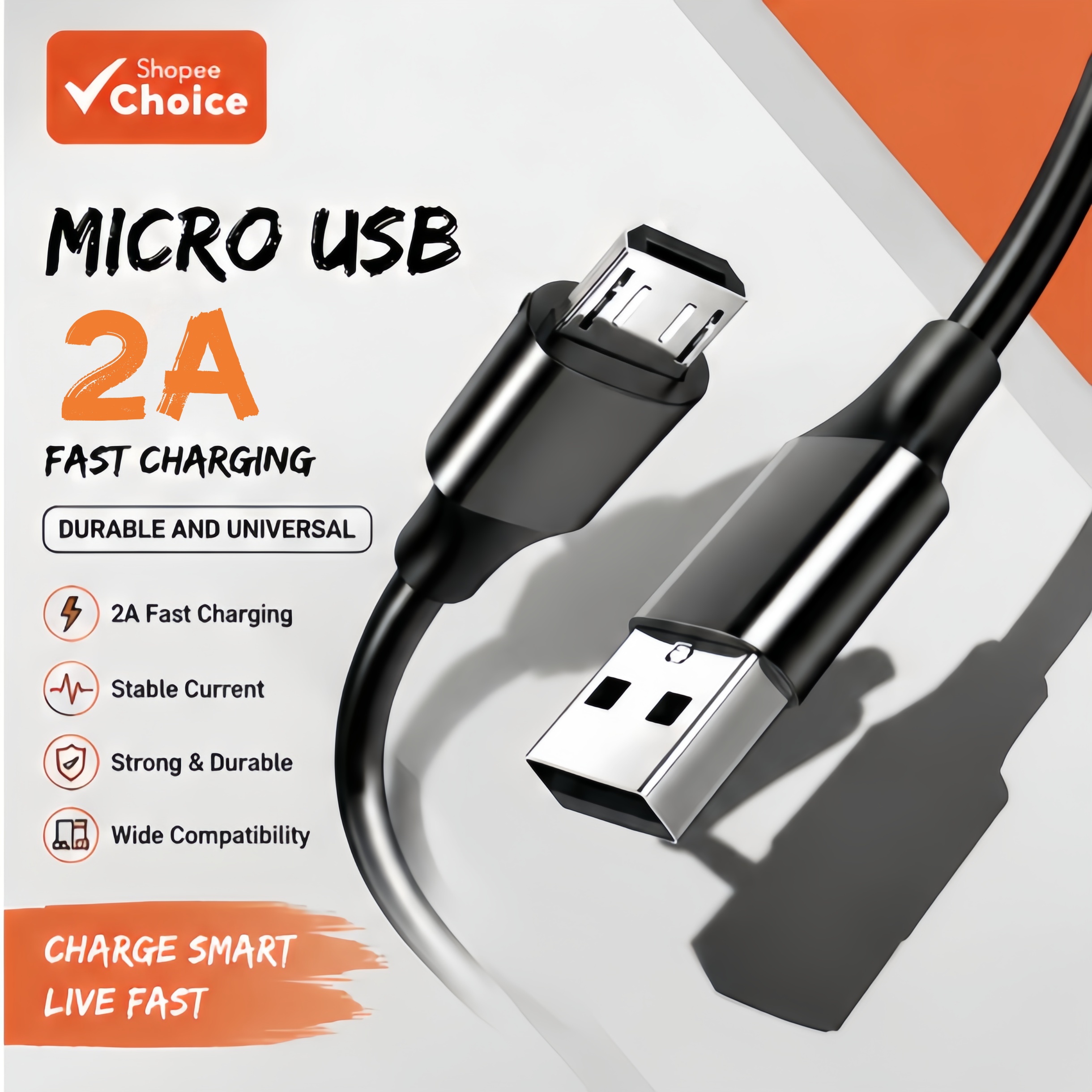 Cabo de carregamento rápido Micro USB 2A de alta qualidade com Qualcomm Quick Charge 3.0 para celular e tablet Android