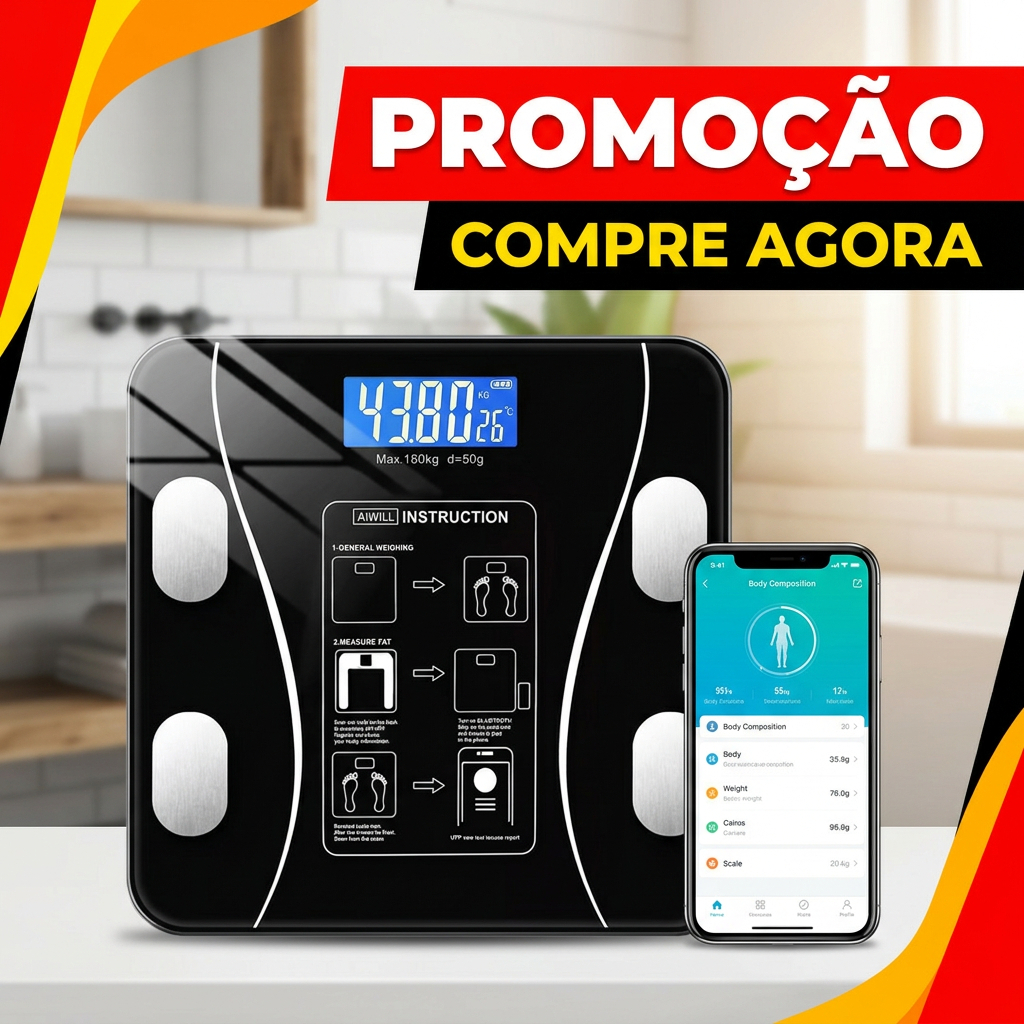 Balança Bioimpedância Digital TOP RIO 140kg Smart Bluetooth Preta com App Saúde Alta Precisão Gordura Corporal