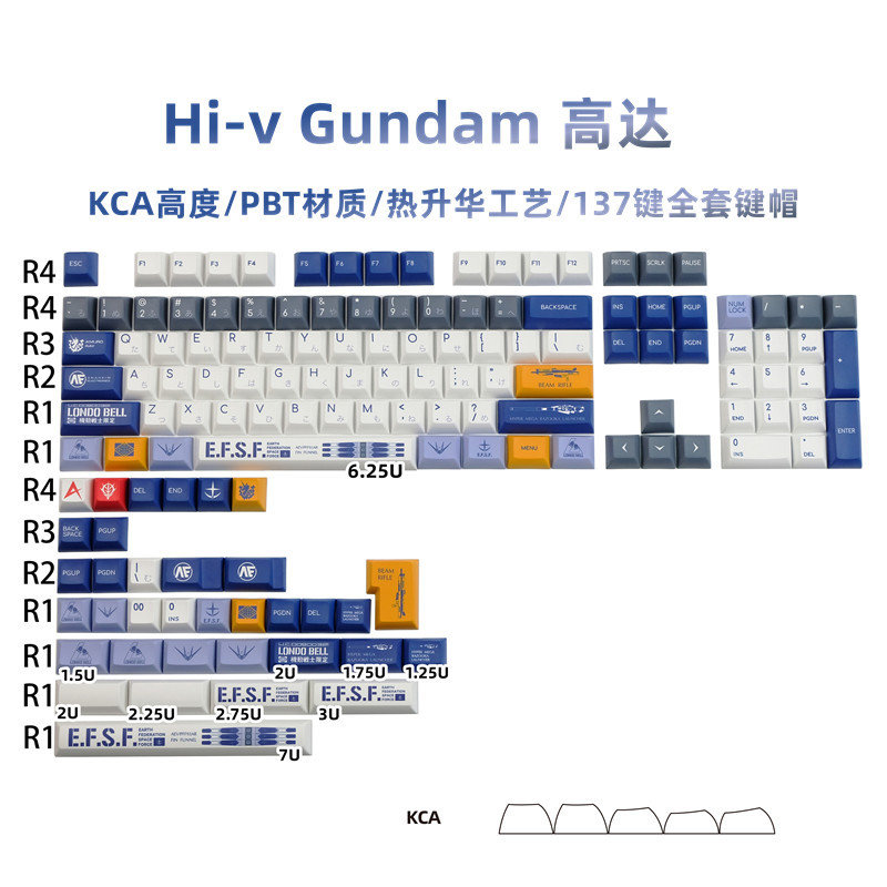 KCA Height Hi-ν Gundam Gundam Keycap PBT Sublimação Teclado Mecânico Use Botão Anime Conjunto Completo