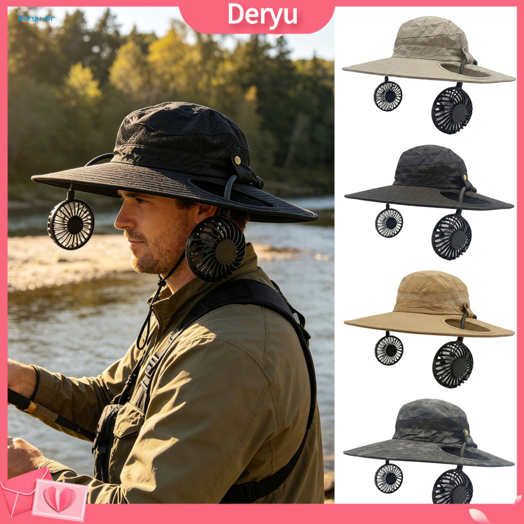 Outdoor Hiking Fishing Hat Solar for Men Fan with 2 Built-in Fans Summer Wide Brim Bucket Sun for Activities – Camping