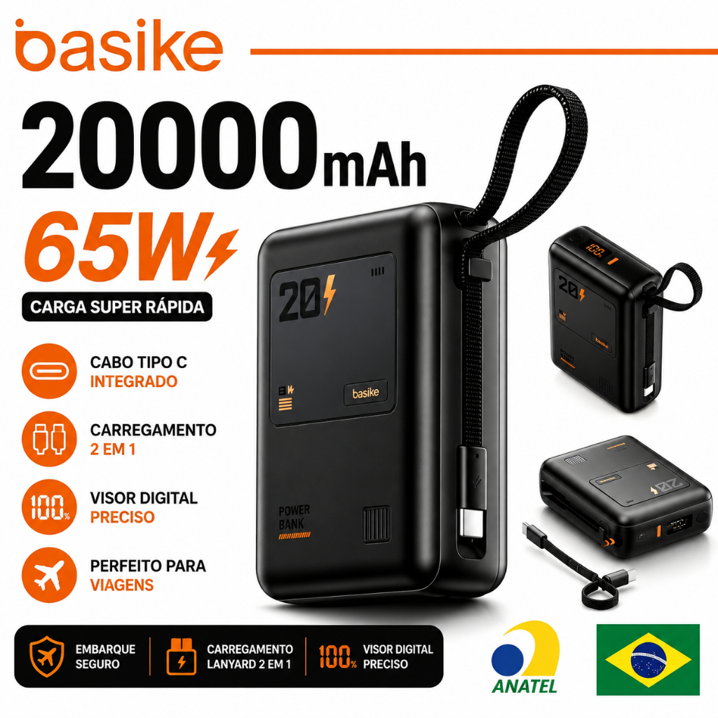 Basike Power Bank 20000mAh 65W Display Digital Cabo USB-C Integrado Carga Super Rápida