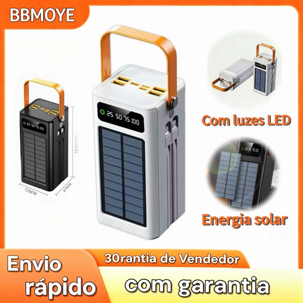Carregador Portátil Solar BBMOYR 50000mAh Power Bank USB + Tipo-C Carga Rápida LED Dupla Saída Bateria Externa Al