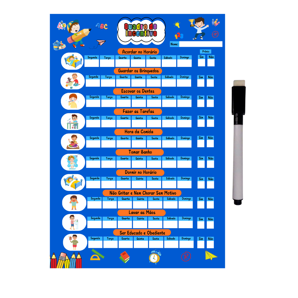 Quadro De Rotina Infantil Recompensa - Quadro de Organização de Atividade e Incentivo + Caneta