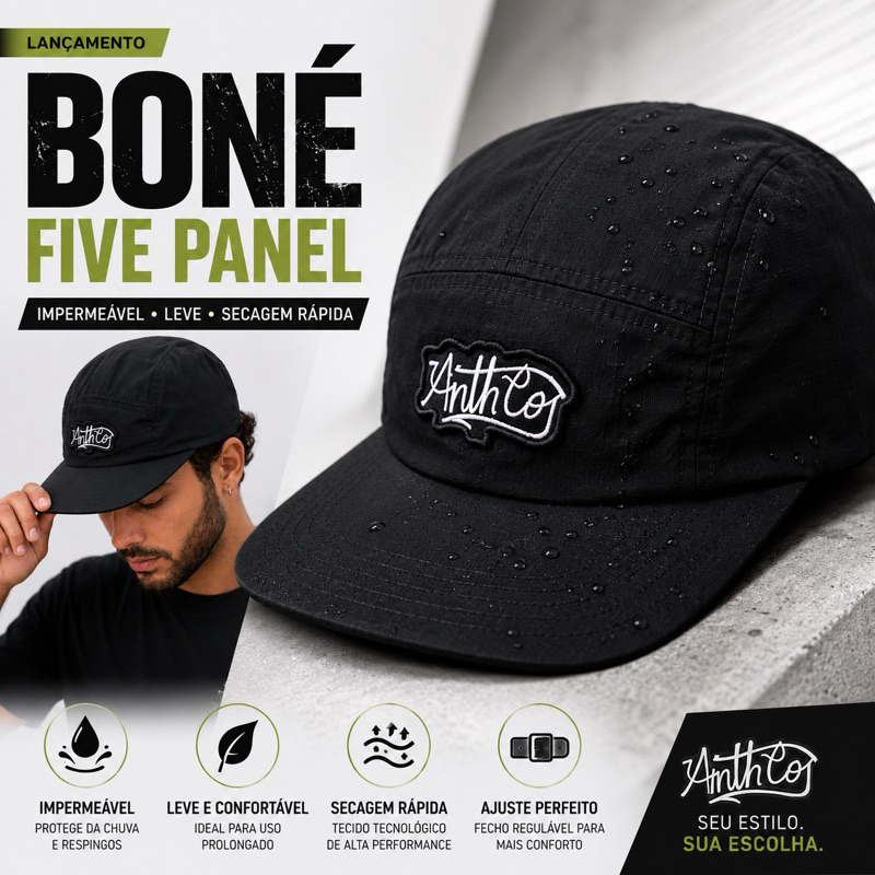 Boné Five Panel Anth Co - Impermeável e Confortável, Proteção UV | Corrida e Streetwear