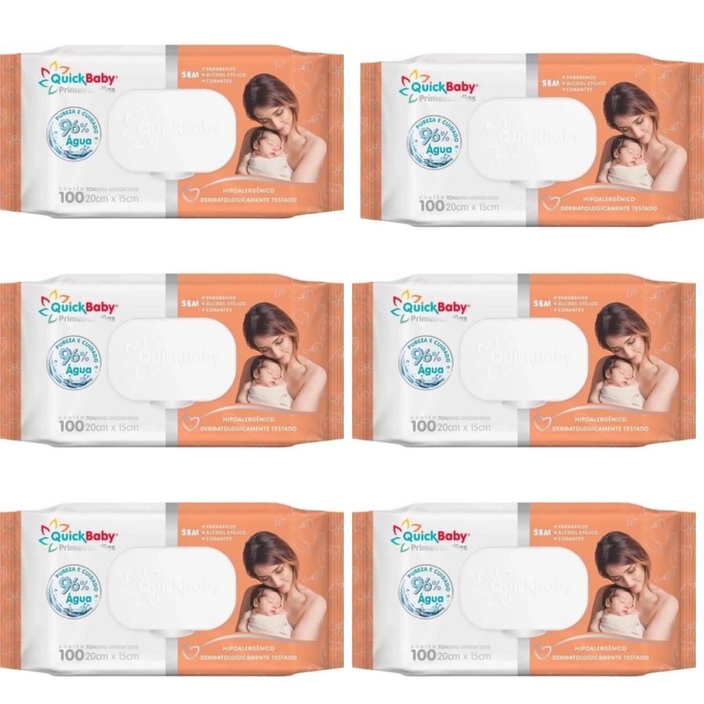 Kit 6 Lenços Umedecidos Quick Baby Premium Care 600un RN
