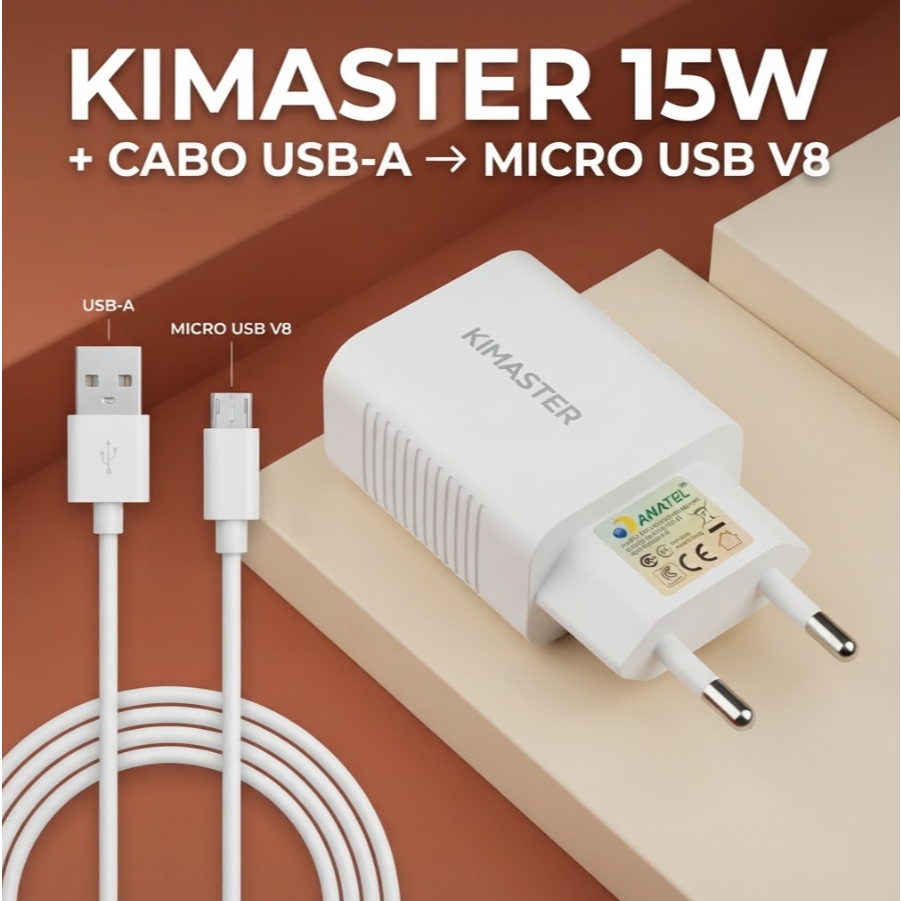Carregador Rápido Kimaster 15W + Cabo Micro USB V8