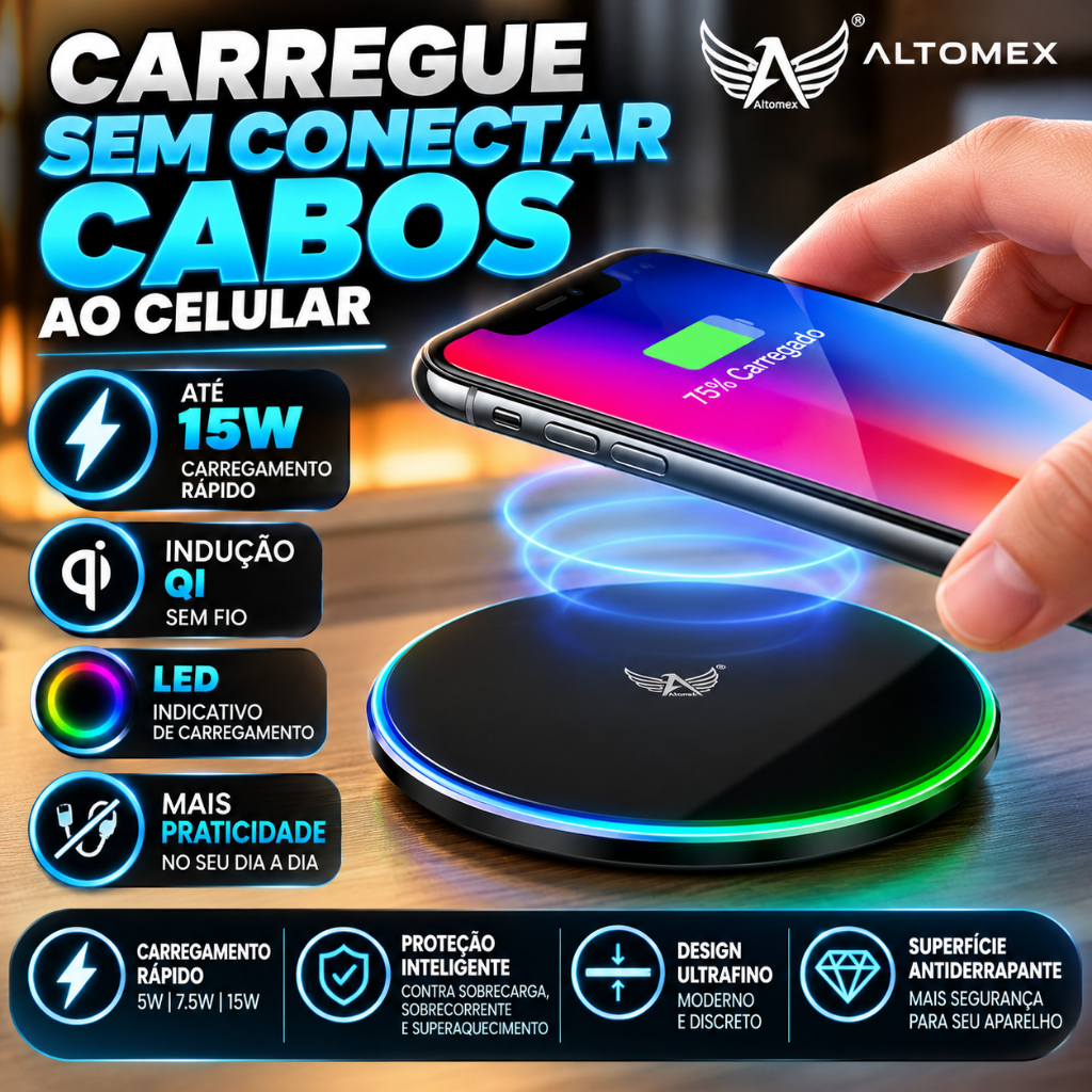Carregador por Indução Sem Fio Qi 15W Altomex AW-69 Wireless com LED para Celular