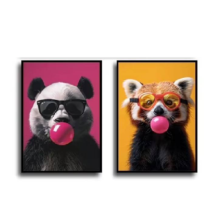 Quadros decorativos  Animal Bolha chiclete guaxinim e urso panda (3 peças)